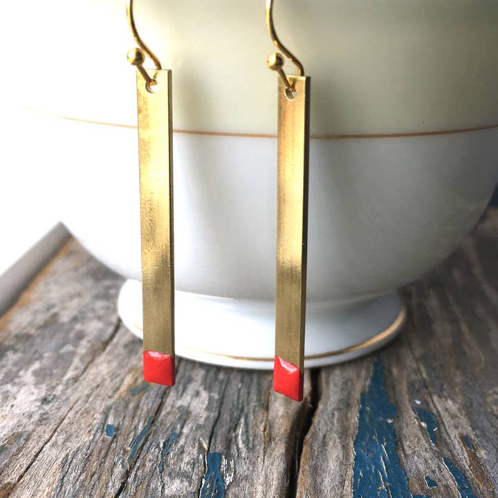 Red Truck Designs - Wholesale Dangle Earrings - "A Perfect Match" Matchstick Earrings Gold Bar Earrings