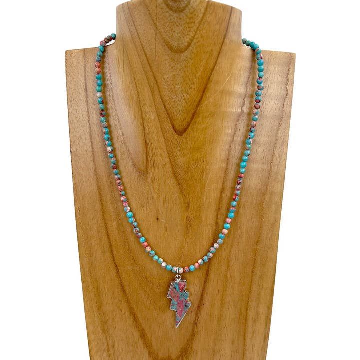 NKS230830-17 16 Inches blue oyster turquoise beads with lightning bolt pendent Necklace for wholesale by Western Elite Jewelry