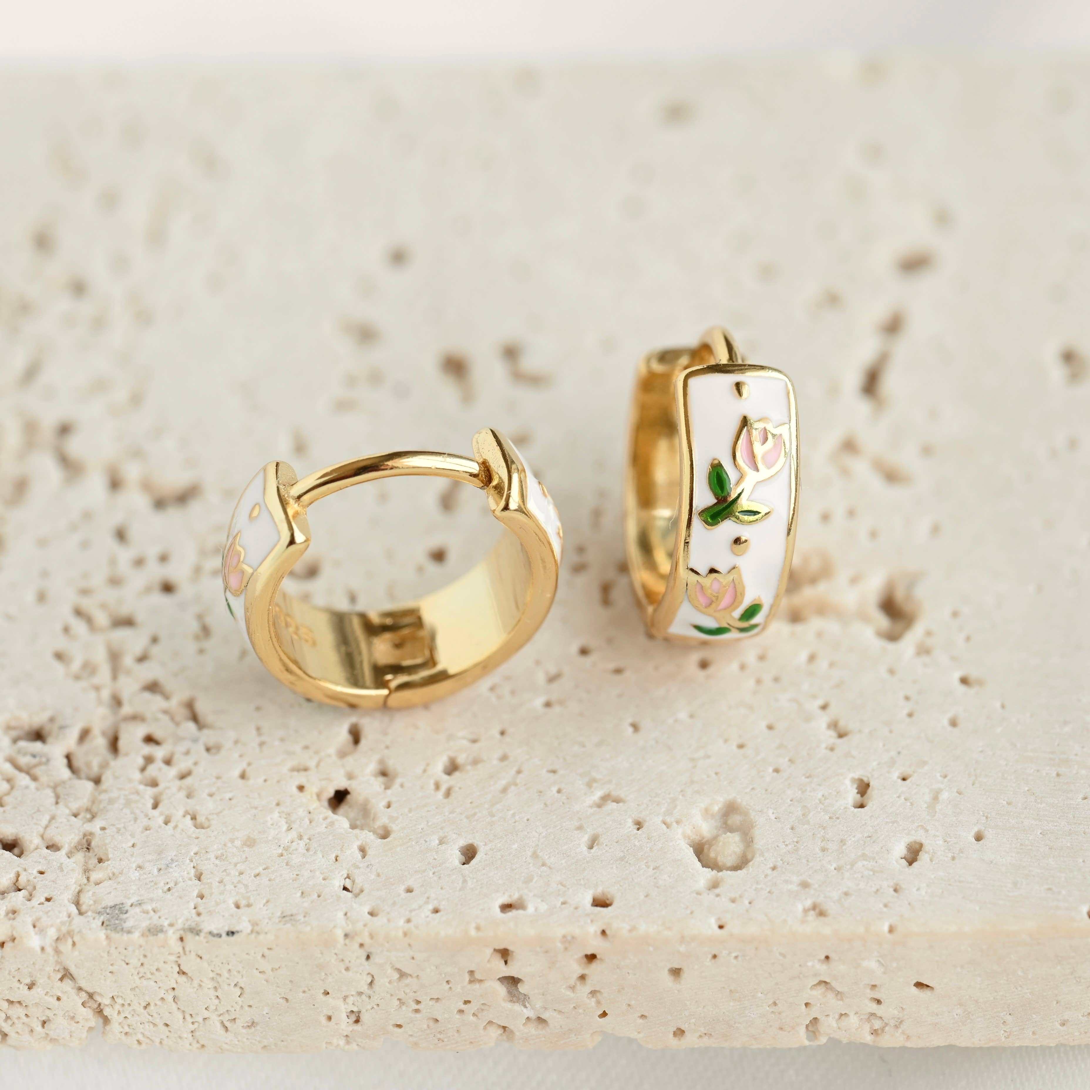 Blueyejewelry - Wholesale Huggie Earrings - Gold Enamel Flower Hoop Earrings-Vintage Style Silver Hoops8