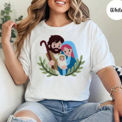 SMR Wholesale - Wholesale Screen Printed T-Shirt - Women's - Mary, Joseph & Baby Jesus Faux Yarn Graphic Tee
