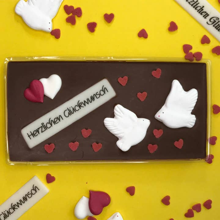Mørk chokolade Tillykke med 2 hjerter for engroshandel hos Schokifaktur