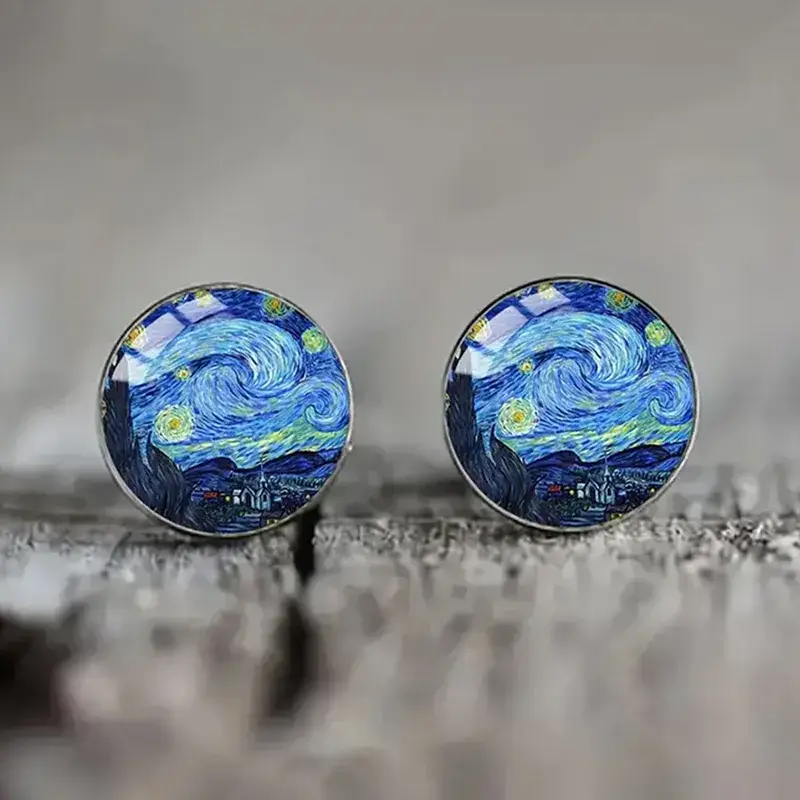 Magnifique Hearts - Wholesale Stud/Post Earrings - Vintage Sunflower & Starry Night Glass Stud Earrings0