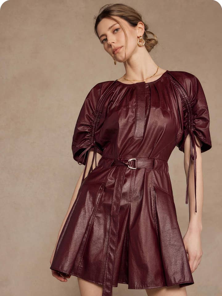 Burgundy Waist Belt Pleated Faux Leather Mini Dress for wholesale on Faire0
