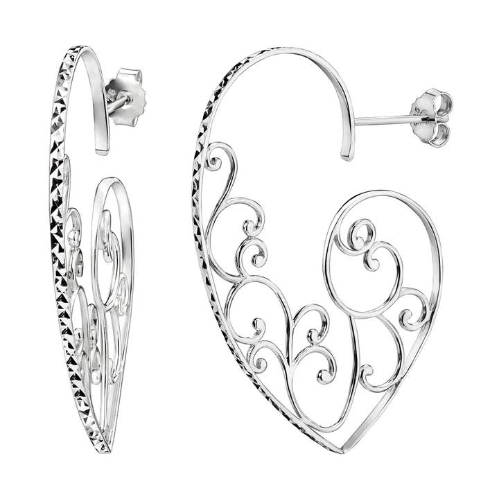 Sterling Silver Heart Filigree Drop Earring with Diamond Cut for wholesale by Almond Tree