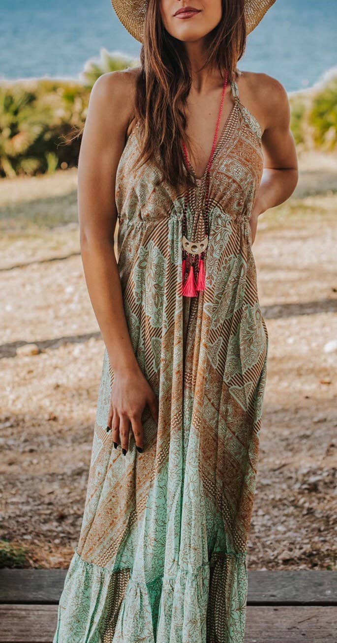 Miss Kitsch - Wholesale Dress - Women's - IBIZA DRESS Boho Long Silk Dress, Sea Green and Gold9
