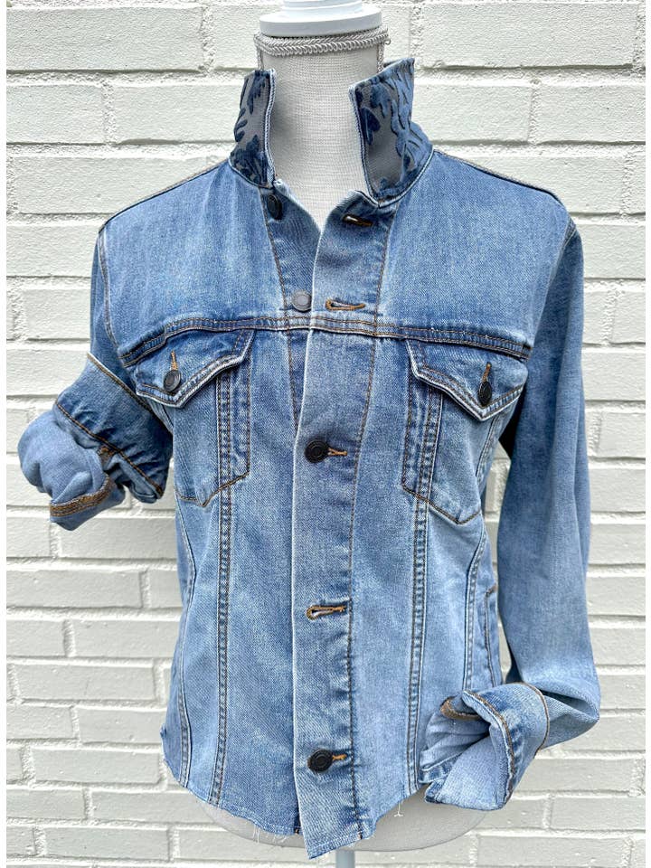 Stevie Denim Jacket - Denim w Blue Velvet Coral for wholesale on Faire