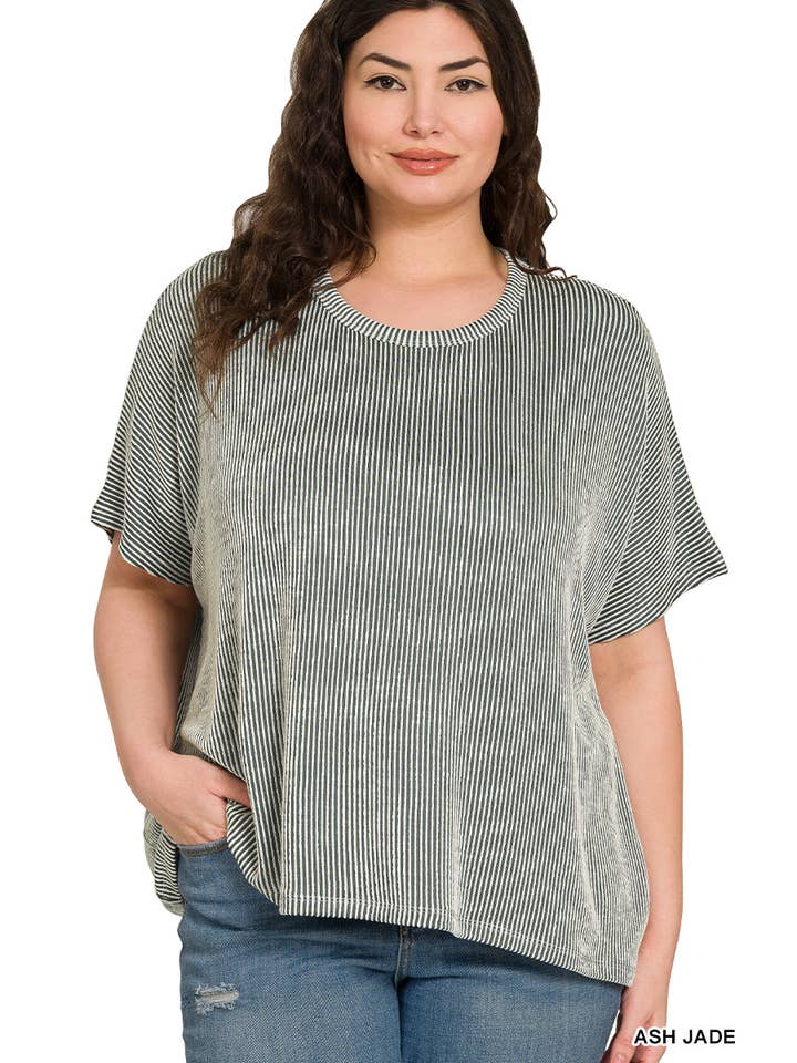 42POPS - Wholesale Knit Top - Women's - `.Plus size Ribbed Striped Oversized Short Slee