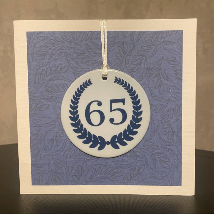 65th Birthday Greeting Card with Round Ceramic Keepsake Gift for wholesale by By Erin Cards and Gifts Ltd