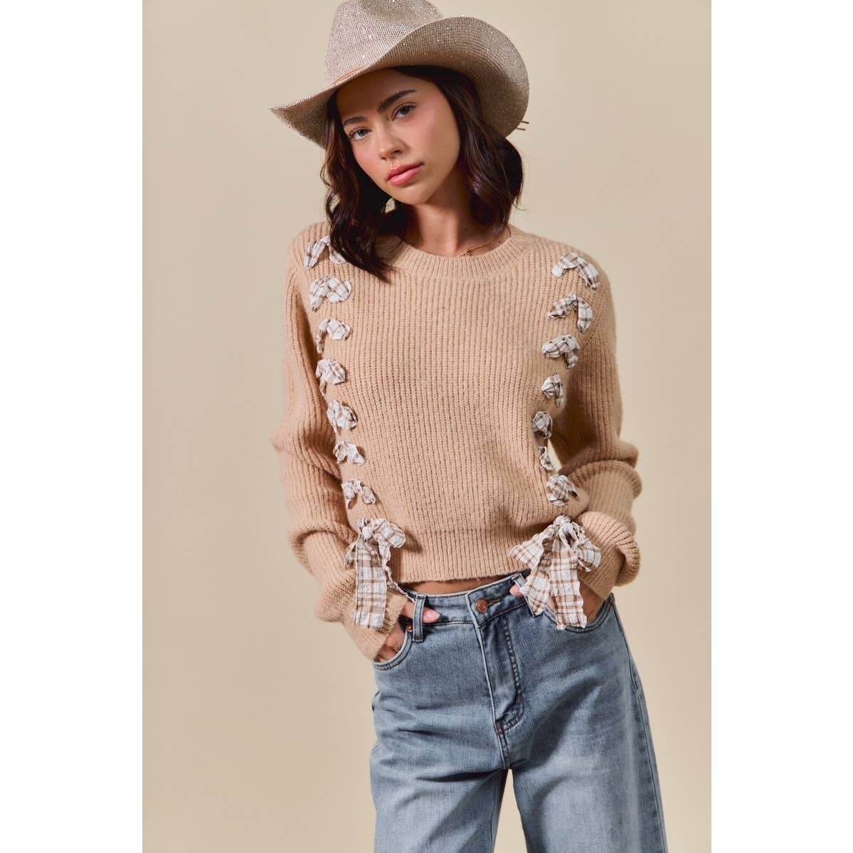 IVE - Wholesale Knit Sweater - Women's - Checkered Plaid Tape Lace Up Sweater Top6