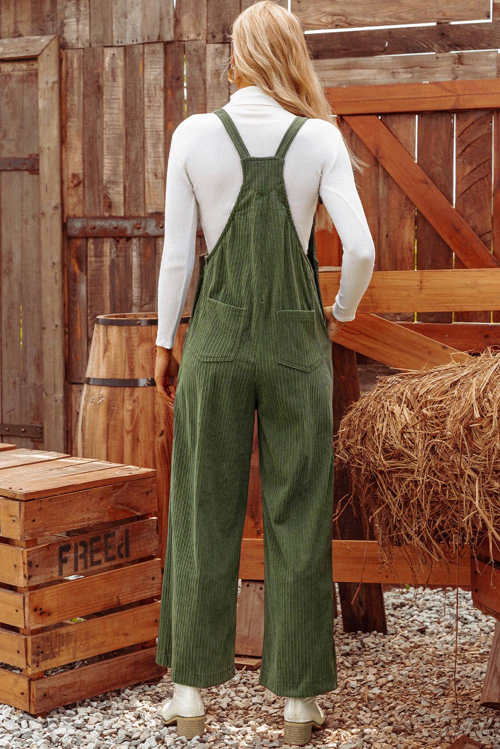 Green Fashion-W Solid Pocketed Loose Fit Corduroy Overall for wholesale on Faire1