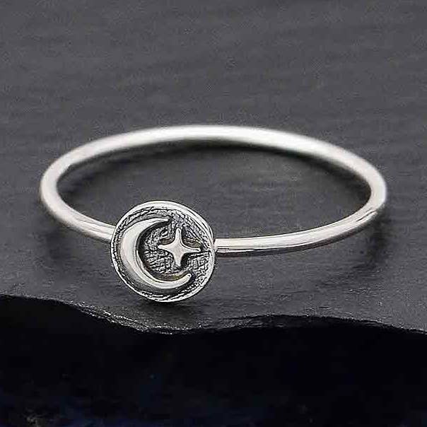 Sterling Silver Raised Moon and Star Stacking Ring for wholesale by Nina Designs
