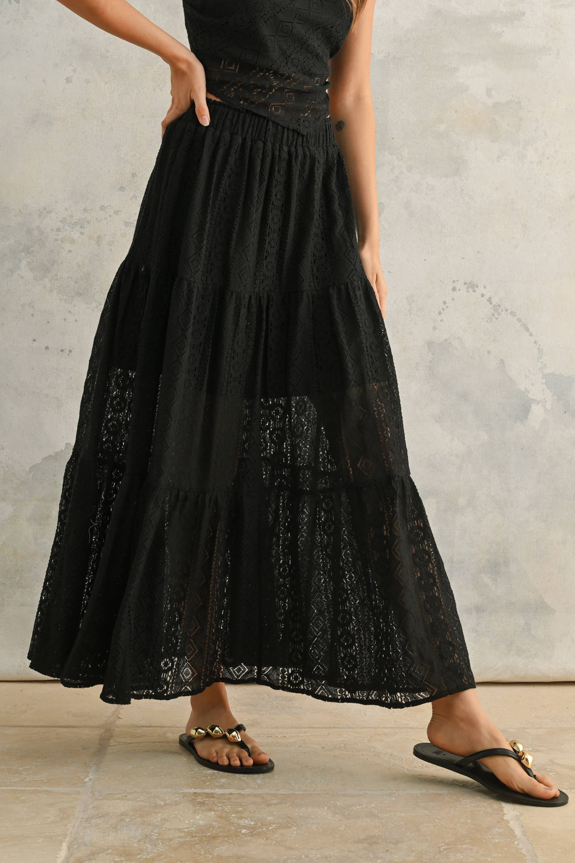 Black S5589ST   CROCHET LACE TIERED SKIRT for wholesale on Faire4