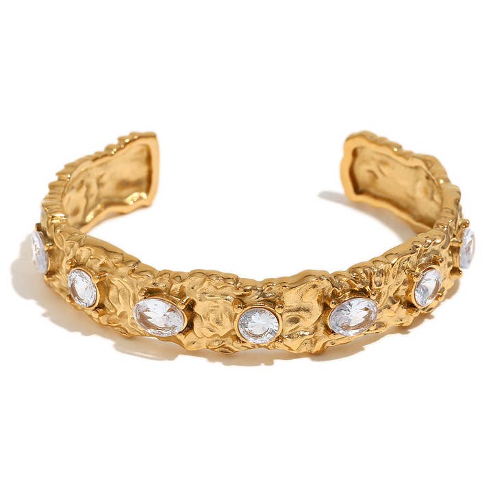 Mio Queena - Wholesale Cuff Bracelet - Inlaid Colored Zircon 18K Golden SS Hammer Texture Cuff -FGS