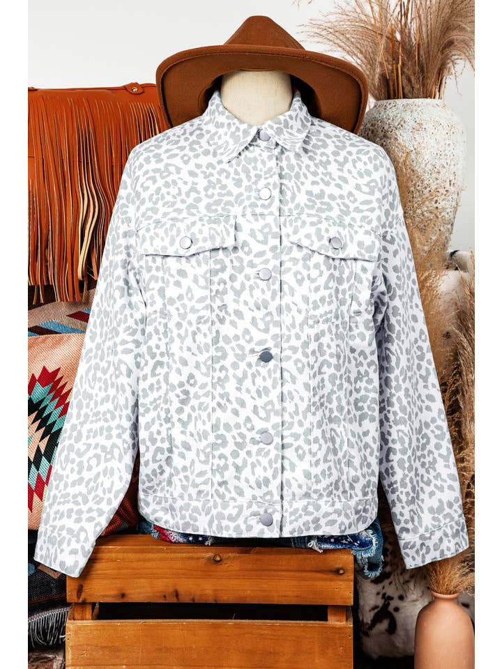 AS SHOWN Fashion Fall Western Leopard Flap Pocket Denim Jacket for wholesale on Faire