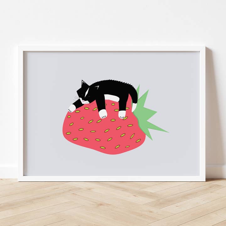 Strawberry Cat - Art print A5/A4/A3 for wholesale by Salty Crayon