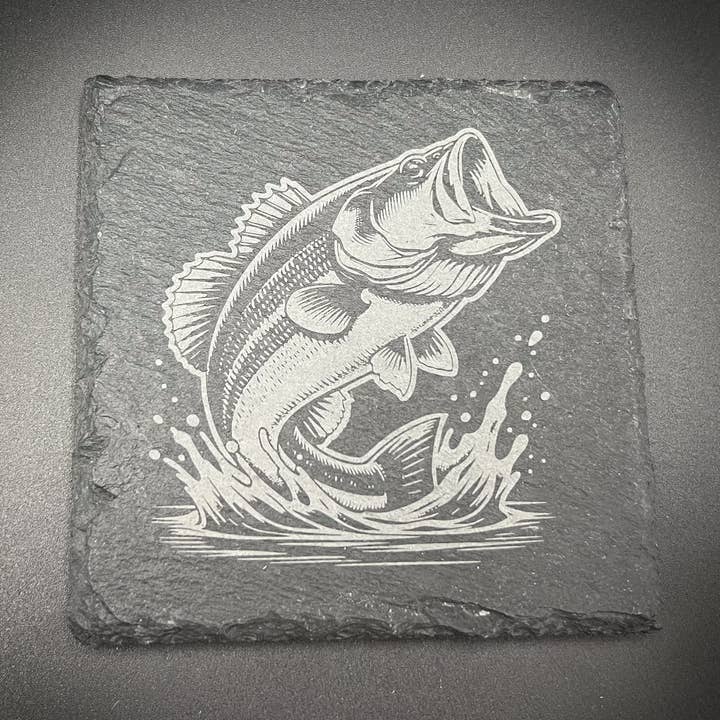 Large Mouth Bass - 4" Square Slate Coaster for wholesale by Adirondack Etching LLC