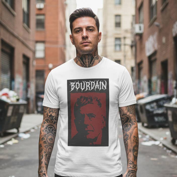 Portrait Graphic Tee - "Bourdain" Retro Red & Black Design for wholesale by Cleaver And Blade