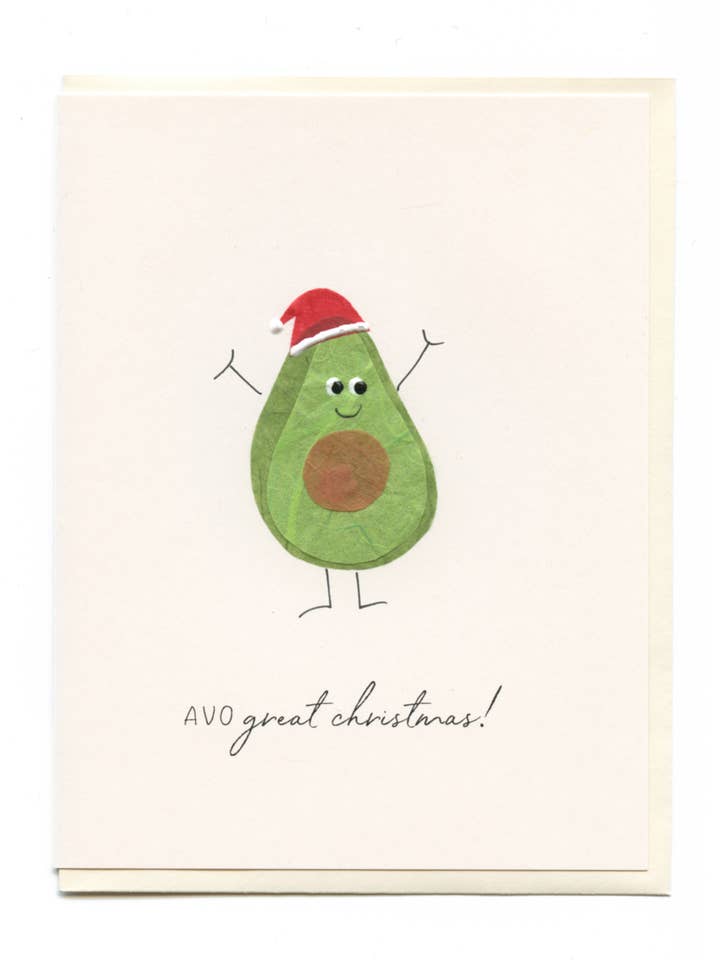 „AVO Tolle Weihnachten!“ Avocado mit Weihnachtsmütze für den Großhandel von FLAUNT HANDMADE CORRESPONDENCES