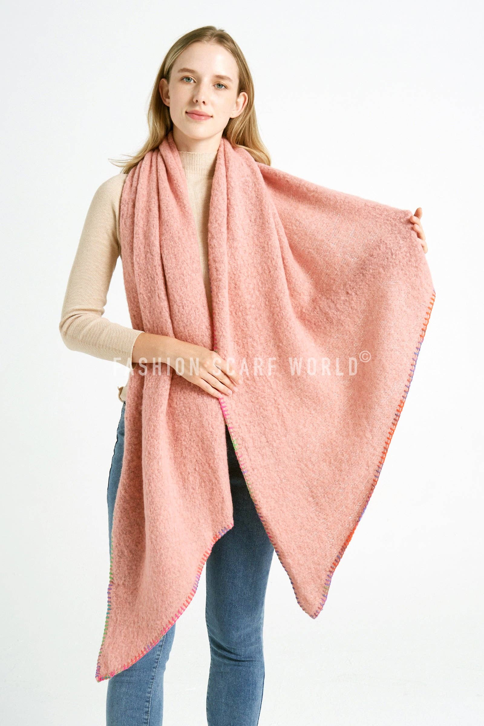 Fashion Scarf World - Wholesale Scarf - Women's - Plain Contrast Stitch Wool Diagonal Edge Scarf13