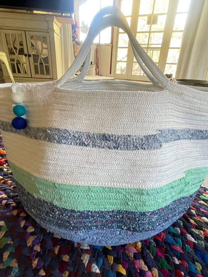 Coperta in corda extra large, colore blu e bianco per la vendita all'ingrosso da parte di Sow's Ear