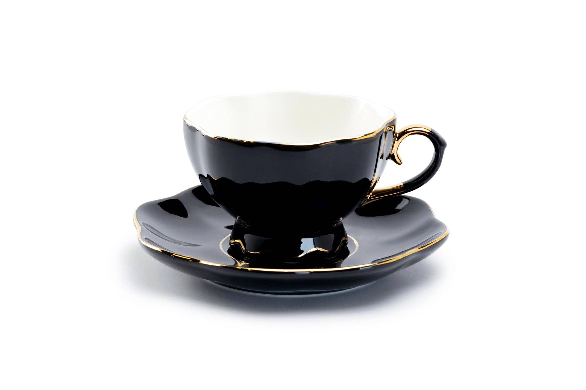Grace Teaware - Wholesale Coffee/Tea Cup - Black Gold Scallop 7oz Fine Porcelain Tea Cup and Saucer1