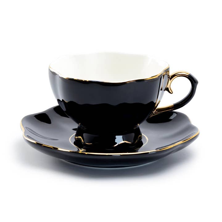 Grace Teaware - Vente Tasse à café/thé - Tasse à thé et soucoupe en porcelaine fine Black Gold Scallop 7 oz1