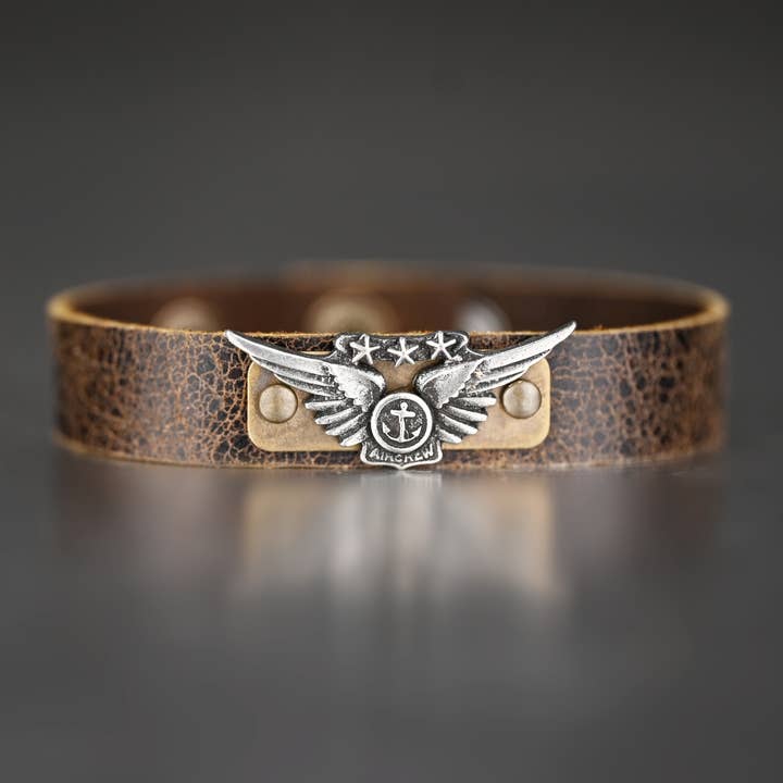 Unisex Leather Stacker Cuff w/ Vintage Aircrew Wings for wholesale by KBD Studio