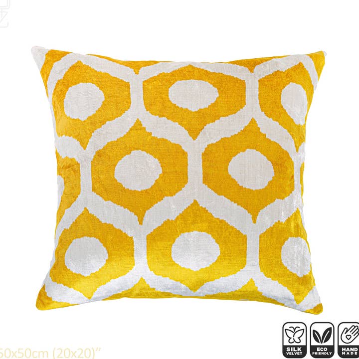 Federa decorativa in velluto Ikat di seta con motivo a goccia gialla per la vendita all'ingrosso da parte di OyzShop