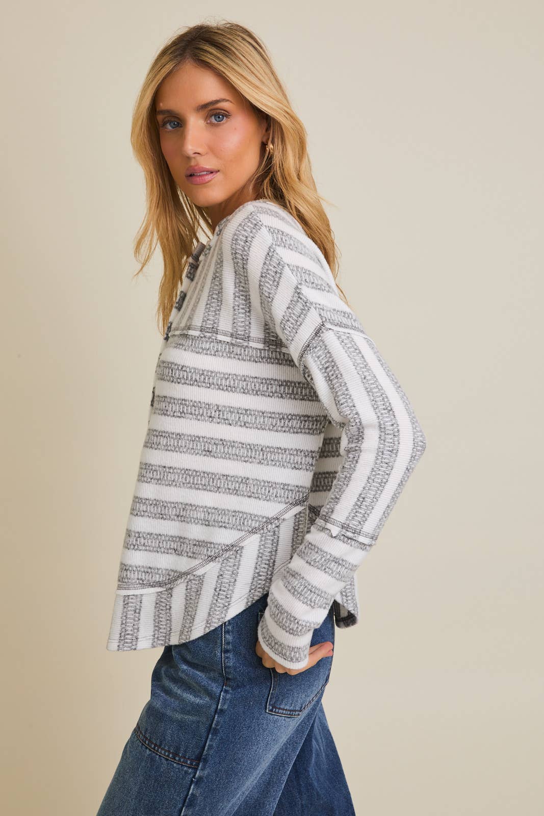 LONG SLEEVE BUTTON DOWN RAW EDGE STRIPE TOP for wholesale on Faire1