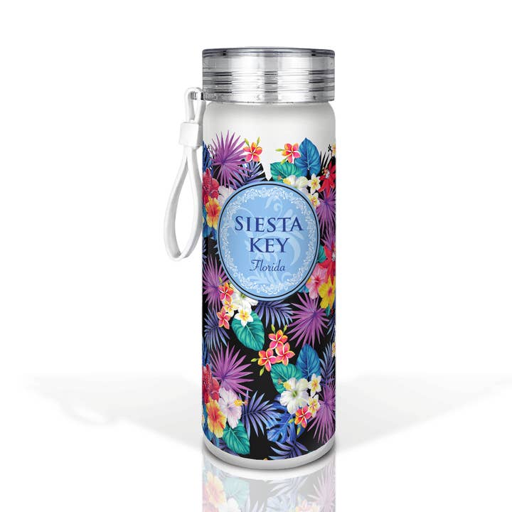 Customizable Frosted Glass 20oz Bottle: Tropical Floral Bla for wholesale by Matrix