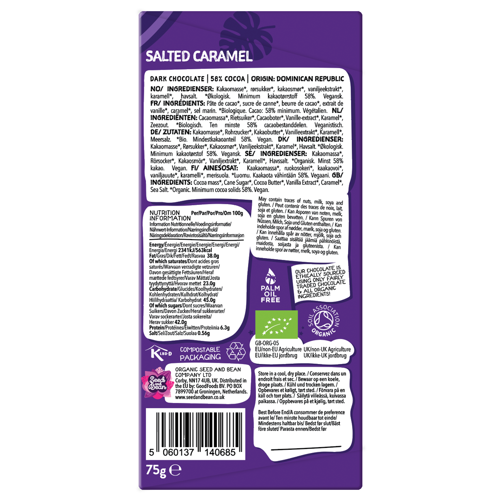 Seed & Bean  [No duties when shipping to US!] - Wholesale Chocolate Bar - SALTED CARAMEL DARK VEGAN CHOCOLATE 75G BAR (58% COCOA)1
