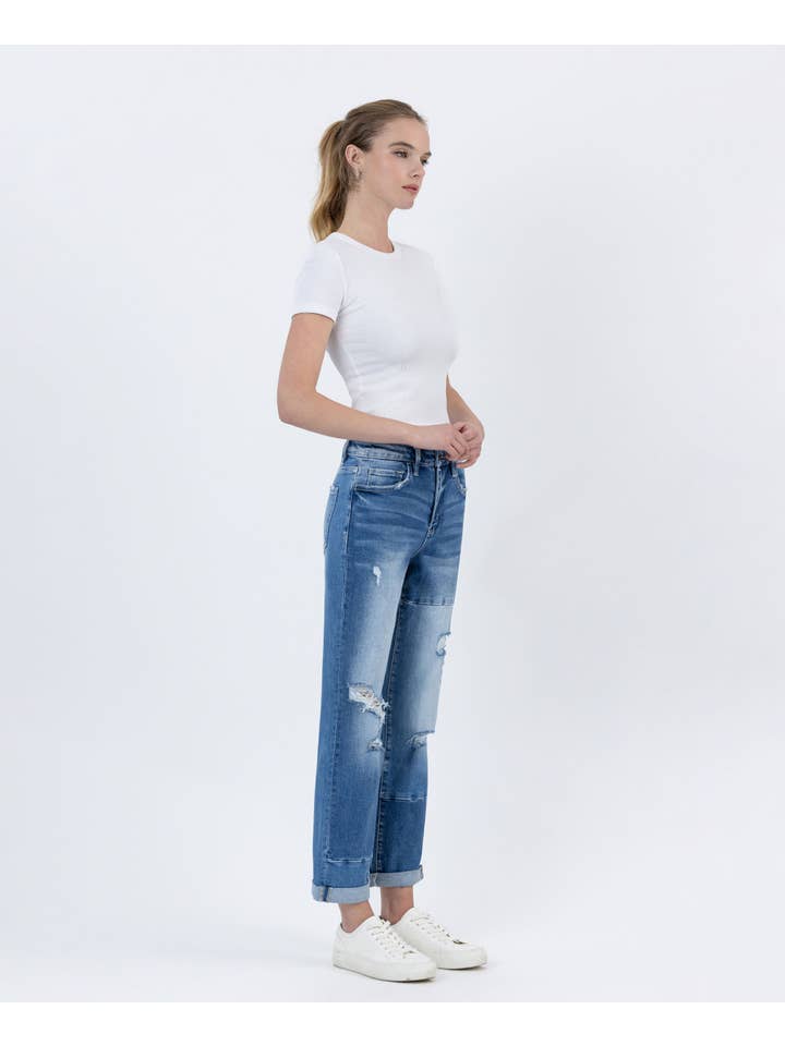DILIGENT HIGH RISE COLOR BLOCK CUFFED BOYFRIEND JEANS F4612 for wholesale on Faire
