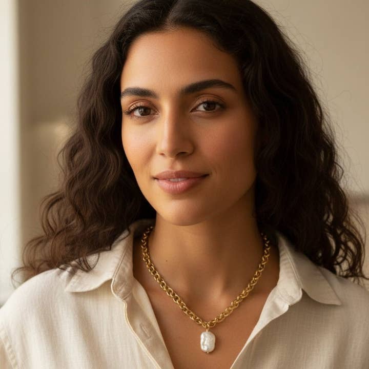 BOLD Collar de Acero Oro 18K - Perla Barroca Rectangular - Hecho en Italia Artesanal para venta al por mayor de OE!