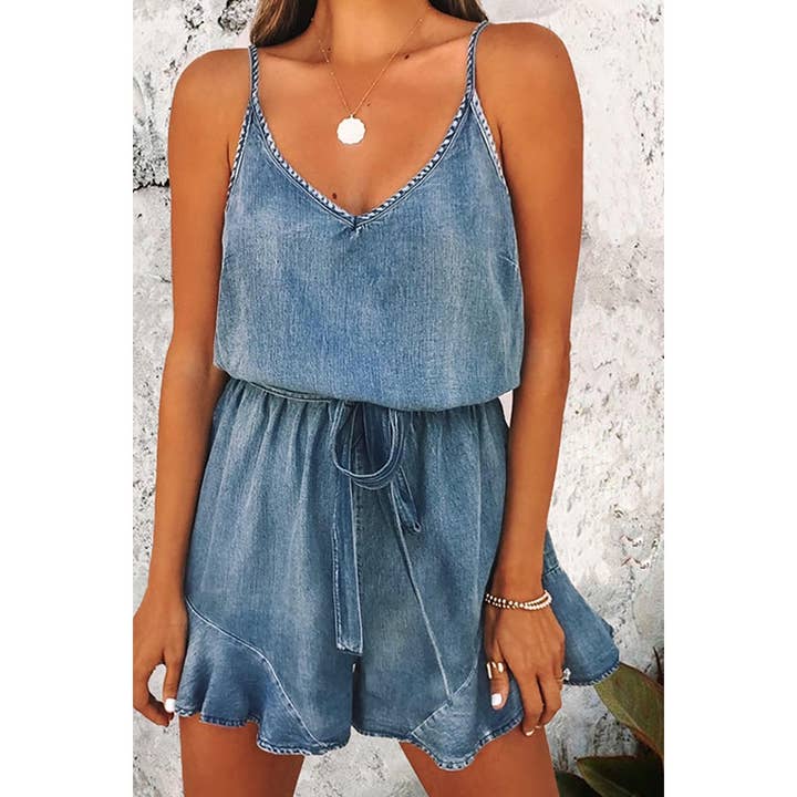 BLUE Street Cotton Denim Distressed Suspender Romper for wholesale on Faire