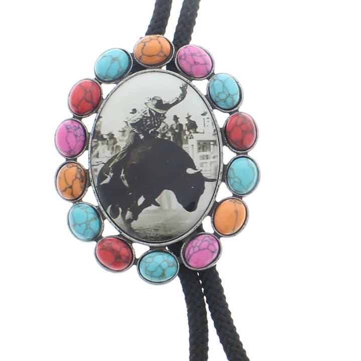 Bull Riding Bolo Tie met Gekleurd/Turq. Stenen, elk voor wholesale door HHH Designs