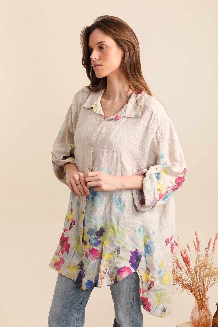 la maison des fibres naturelles - Wholesale Tunic - Women's - flared floral print linen blouse 26513 100% linen +SIZE6