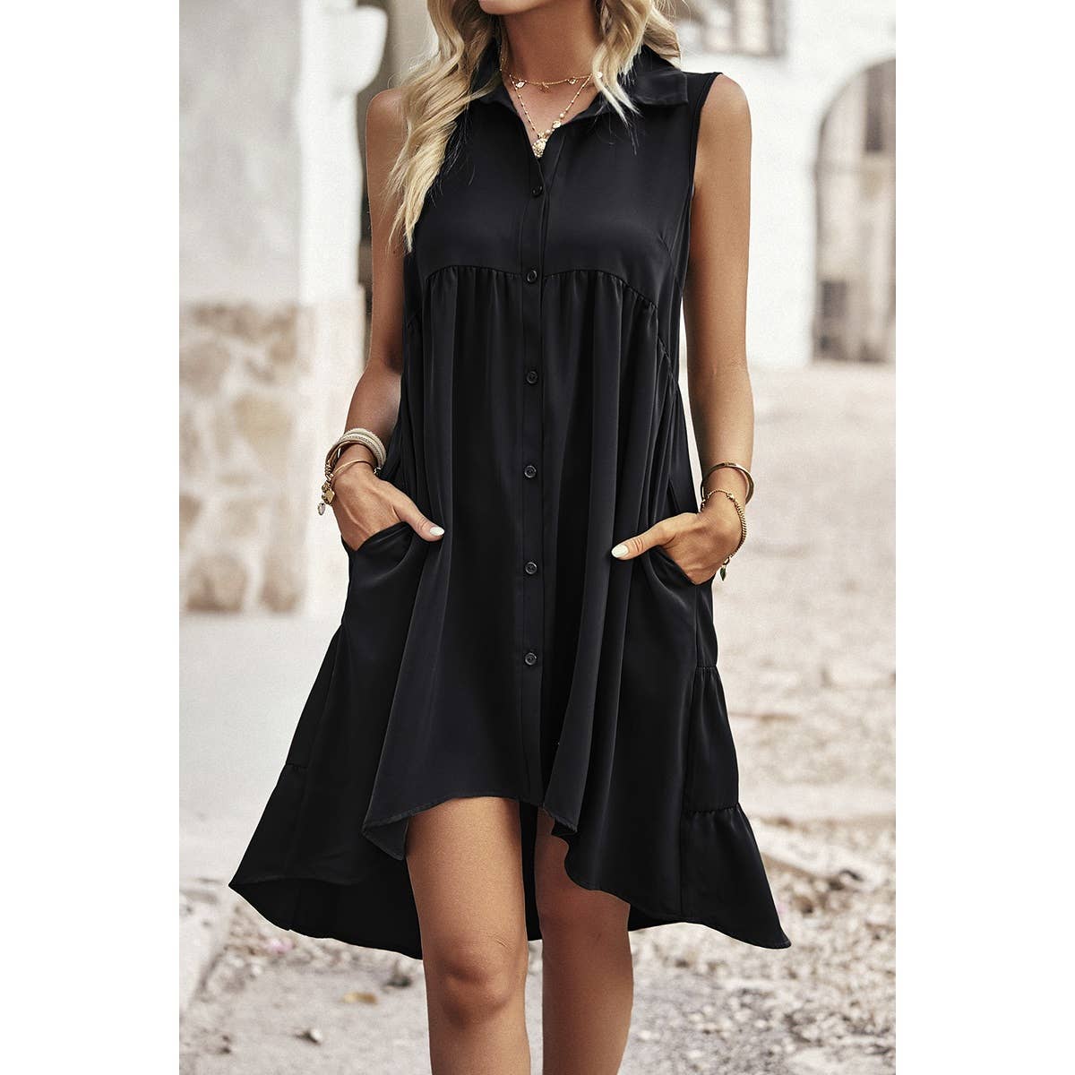 Supreme Fashion - Wholesale Dress - Women's - Sleeveless Solid Peplum Shirt Dress3