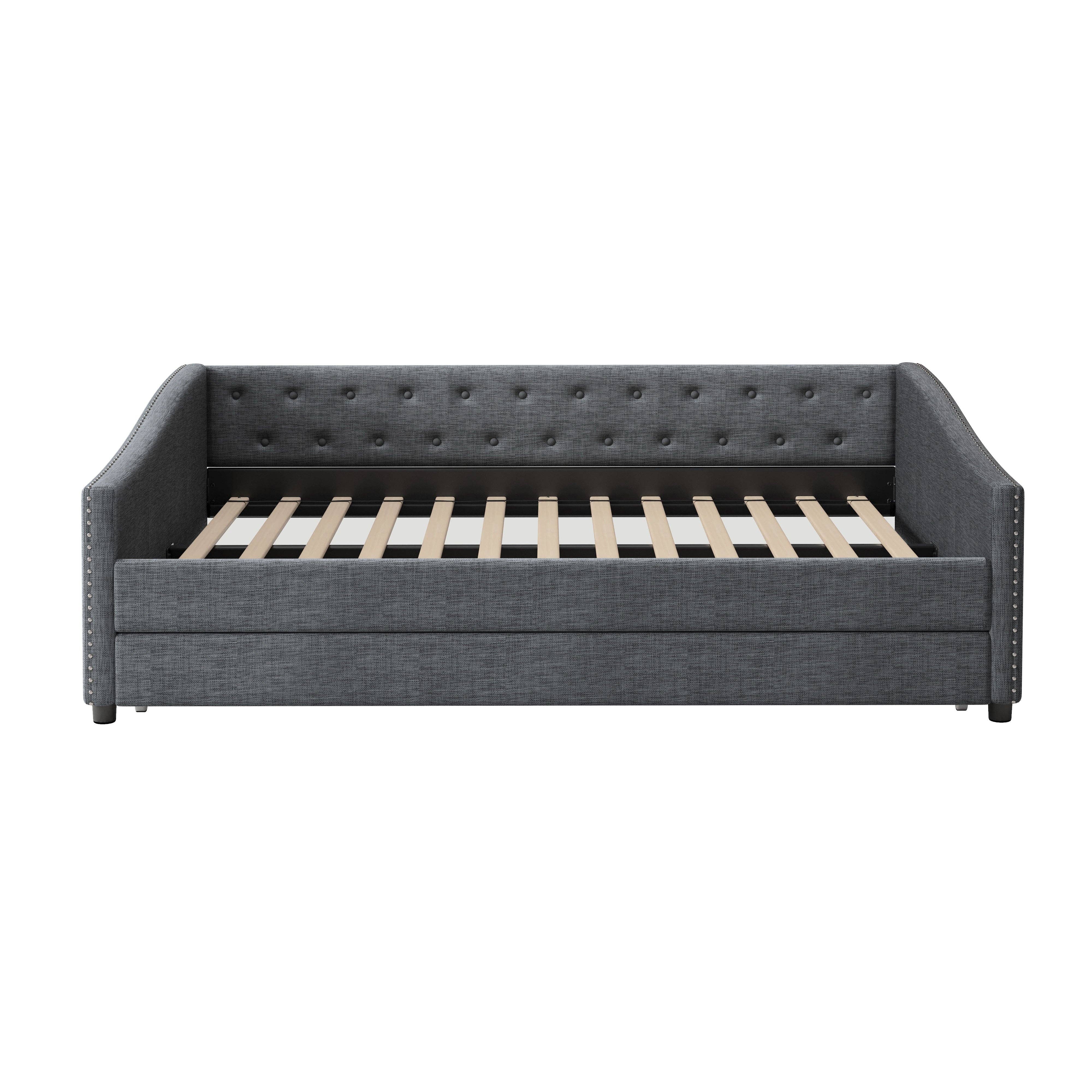 Orange County Decor - Wholesale Sofa - Full Size Daybed With Twin Size Trundle Upholstered Tufted Sofa Bed, With Button On Back And Copper Nail On Waved Shape Arms Dark Grey Full Dark Grey Wood Fabric3