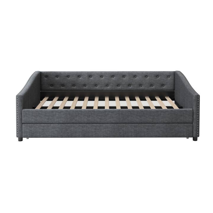 Orange County Decor - Wholesale Sofa - Full Size Daybed With Twin Size Trundle Upholstered Tufted Sofa Bed, With Button On Back And Copper Nail On Waved Shape Arms Dark Grey Full Dark Grey Wood Fabric3