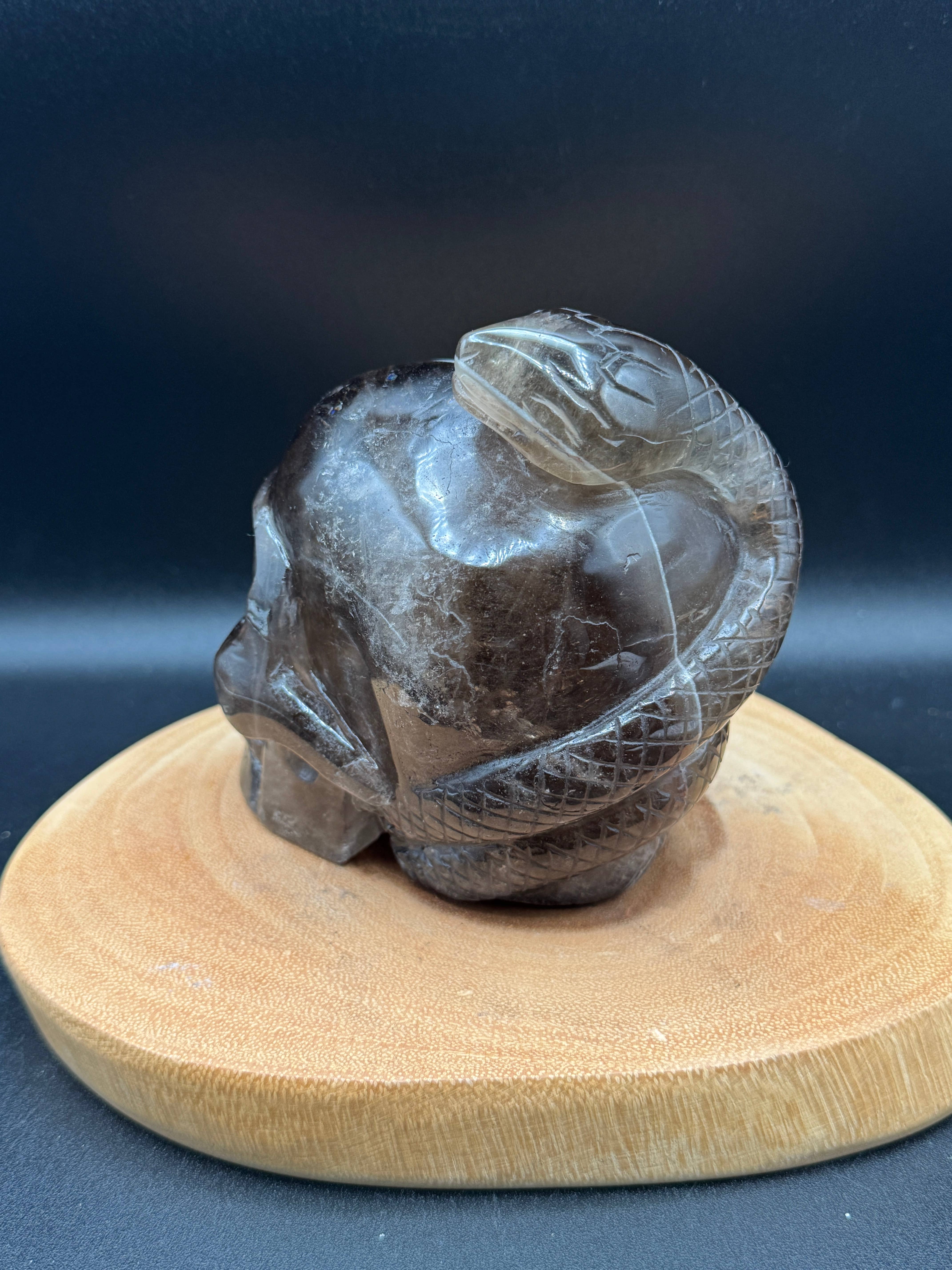 The 7 Directions - Wholesale Spiritual Stone/Crystal - 3.9 lb Unique Smoky skull w/ snake carving H363