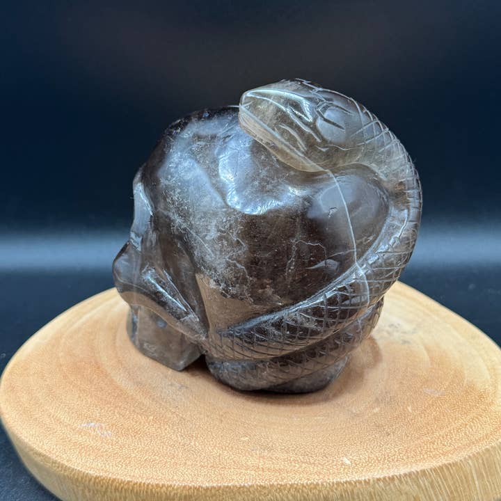 The 7 Directions - Wholesale Spiritual Stone/Crystal - 3.9 lb Unique Smoky skull w/ snake carving H363