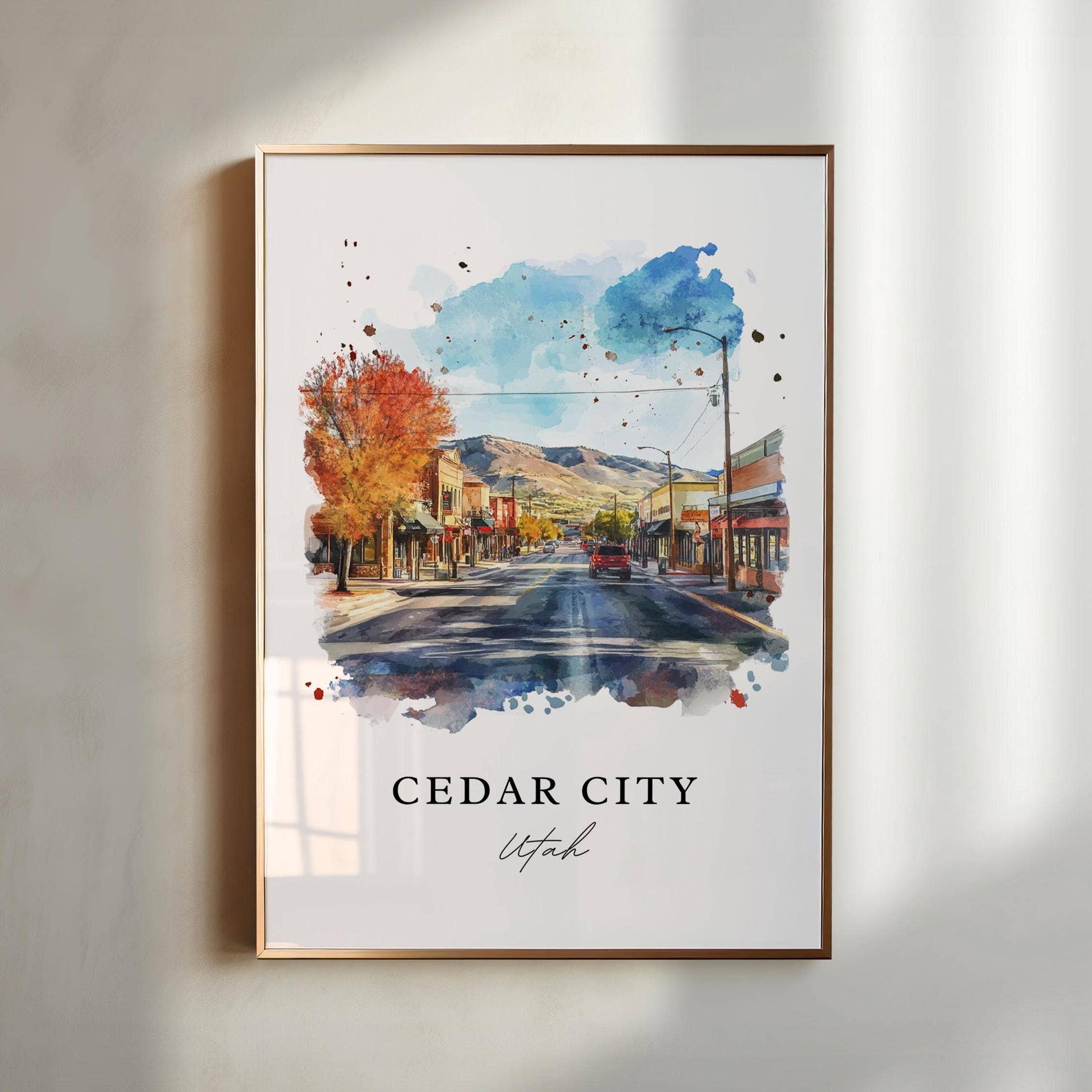 Premium Travel Art - Vente Affiche d'art - Art mural de Cedar City, Impression de Cedar City Utah, Art aquarelle du comté d'Iron, Cadeau de Cedar City UT,