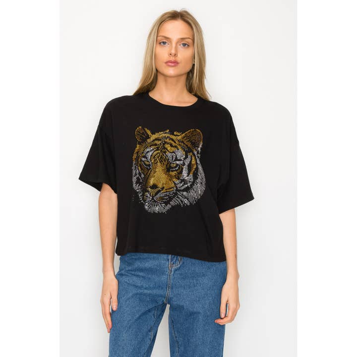 Rhinestone Tiger Crop Top Shirt for wholesale by Maryclan