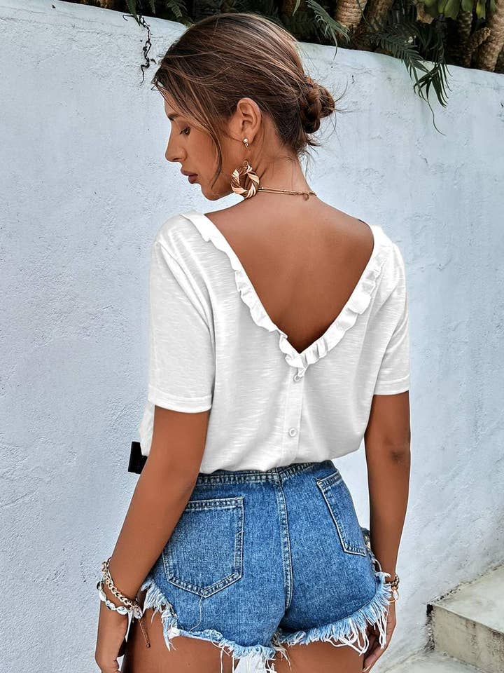 Flarix - Wholesale Blouse - Women's - frenchy fake button ruffle trim v back tee