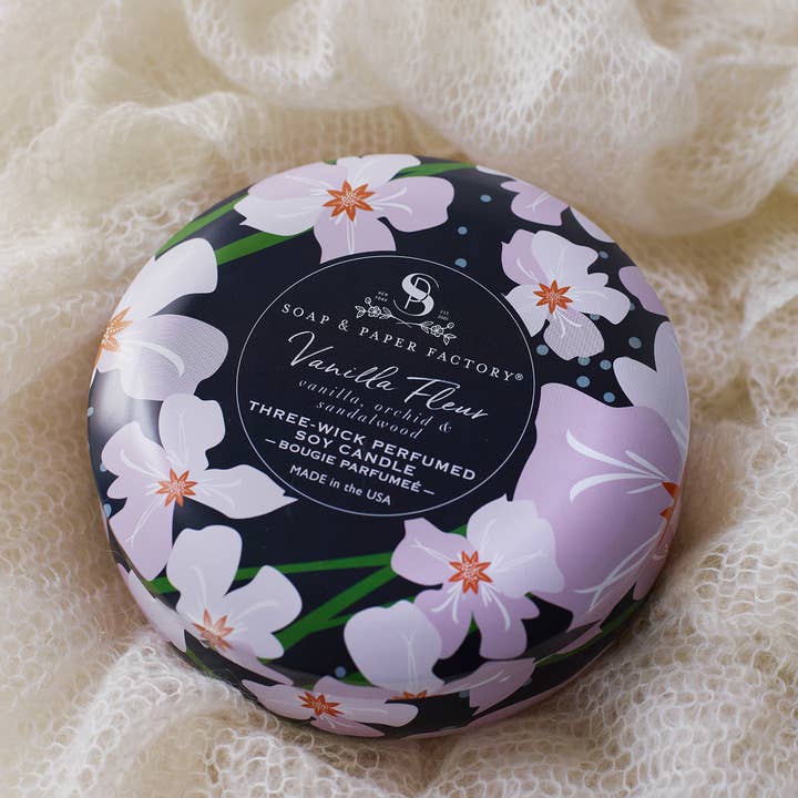 Soap & Paper Factory - Wholesale Travel Candles - Vanilla Fleur Three-Wick Tin Soy Candle