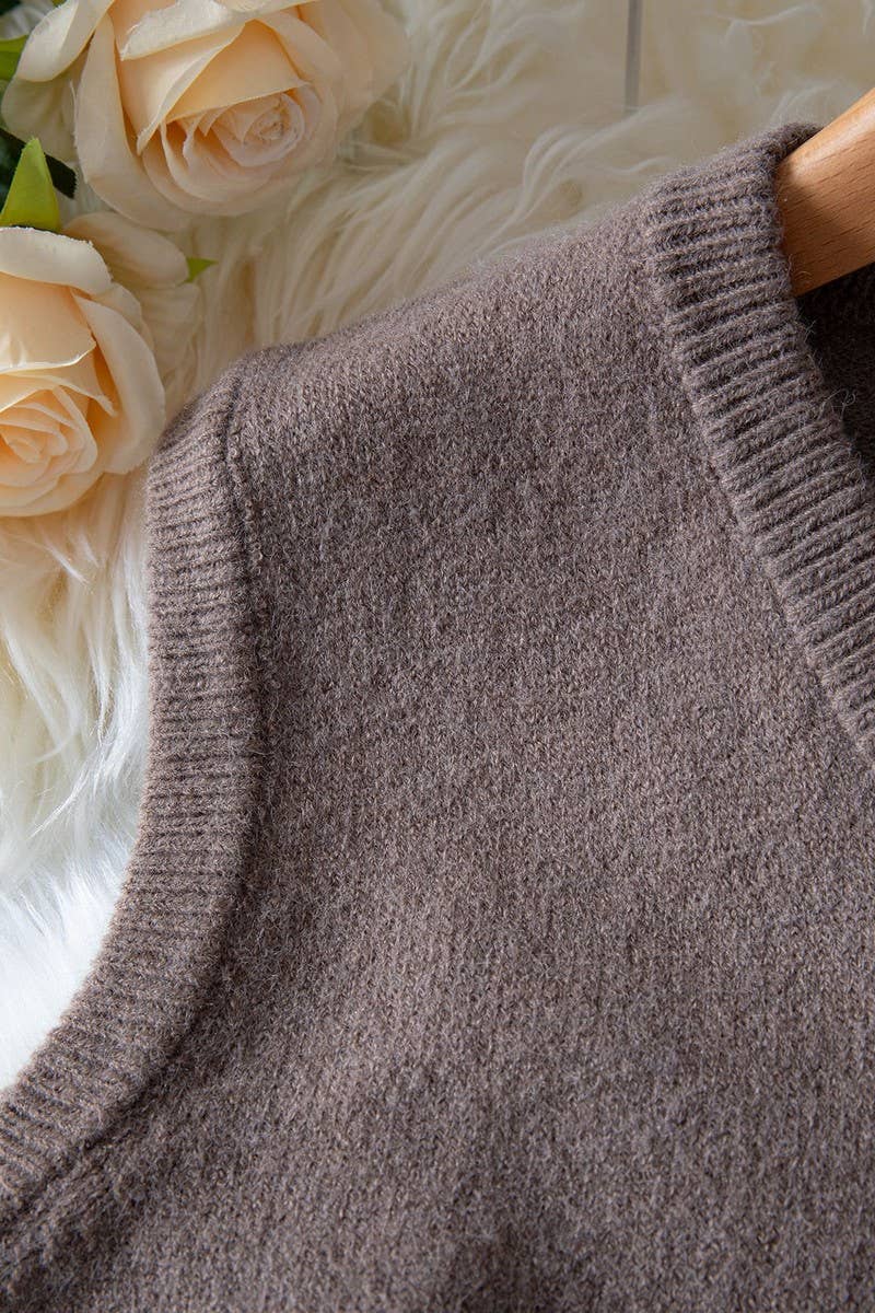 KAKI GILET EN MAILLE LÂCHE À COL V SOLIDE CWOSWSL00163 en vente sur Faire6