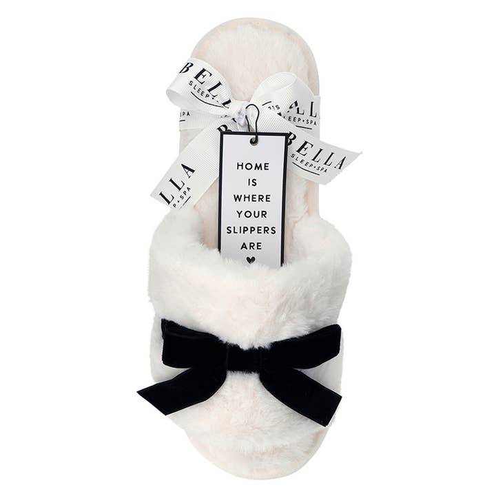 Bella Sleep + Spa - Wholesale Slippers - Women's - Plush Velvet Bow Slippers - Ivory + Black Velvet Bow1