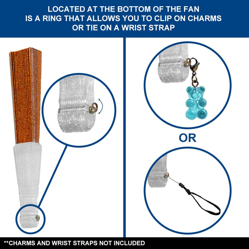 Flags Importer - Wholesale Handheld Folding Fan - Glitter Orange Small Hand Fan (Clear Handle)7