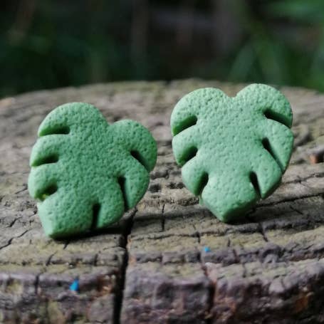 Minimalist Monstera Cheese Plant Polymer Clay Stud Earrings for wholesale by Green Grove Designs