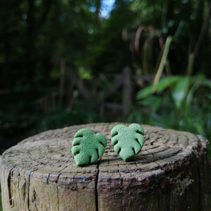 Minimalist Monstera Cheese Plant Polymer Clay Stud Earrings for wholesale by Green Grove Designs